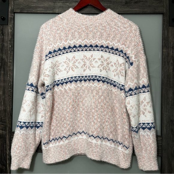Sweaters - Fair Isle Mock Neck Cozy Pink, White & Blue Fuzzy Sweater